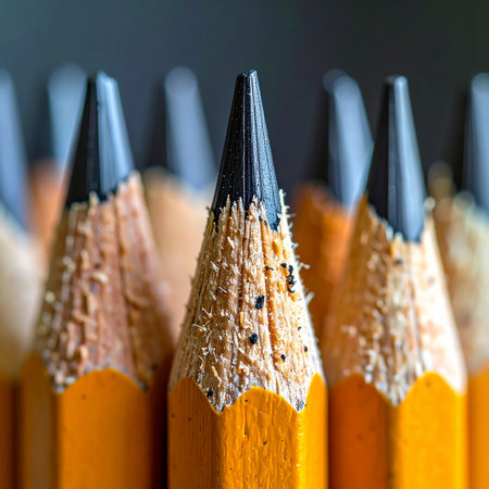 A macro perspective reveals the intricate details of freshly sharpened pencil tips, standing in a row.の素材