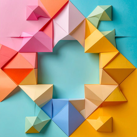 A vibrant collection of meticulously folded paper shapes comes together in a harmonious geometric pattern.の素材