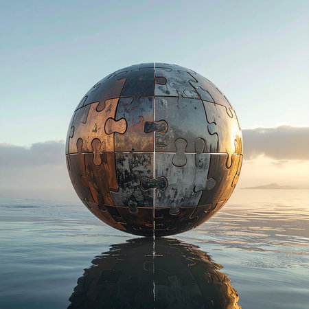 A metallic puzzle globe hovers over a tranquil sea at sunrise, its pieces reflecting the dawn of a new day.の素材