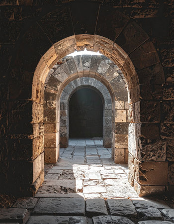 Sunlight streams through an ancient stone archway, illuminating a worn flagstone path that leads into the mysterious darkness of a historic corridor.の素材