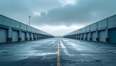 A wet asphalt road reflects the overcast sky, creating a perfect vanishing point between two long, symmetrical rows of industrial warehouses or self-storage units.の素材