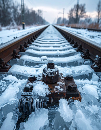 A low-angle perspective captures the severe grip of winter on a railway line.の素材