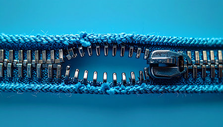 A detailed macro view captures the moment a blue zipper pulls apart, revealing a gap.の素材