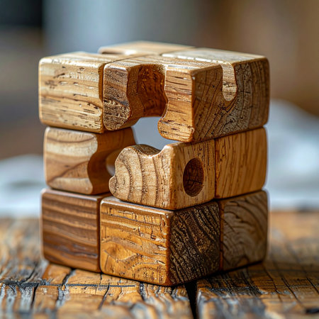 A handcrafted wooden puzzle cube sits assembled on a rustic table, its interlocking pieces forming a perfect whole.の素材
