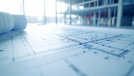 Detailed architectural blueprints are spread across a desk in a bright, modern office, bathed in natural light.の素材