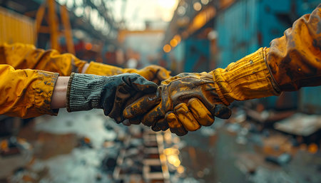 In a gritty industrial environment, two workers in heavy-duty gloves and jackets seal a deal with a firm handshake.の素材