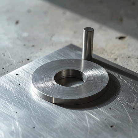 A close-up view captures the precise details of newly machined metal components, a dowel pin and a ring, resting on a brushed steel surface.の素材