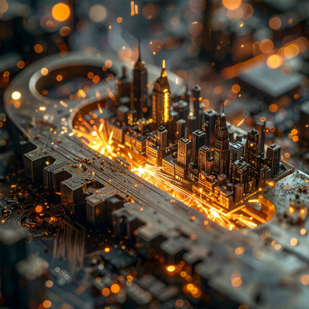 A glowing miniature metropolis rises from a complex, key-shaped circuit board.の素材
