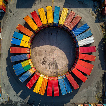 From a bird's-eye perspective, a vibrant circle of multi-colored shipping containers stands in perfect formation.の素材
