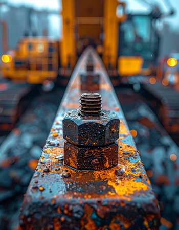 A macro shot captures the gritty detail of a weathered, rusty bolt securing a steel beam.の素材