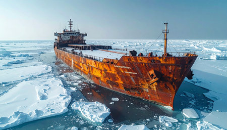 An aerial view captures the haunting sight of a massive, rusty cargo ship trapped and abandoned in a frozen arctic sea.の素材