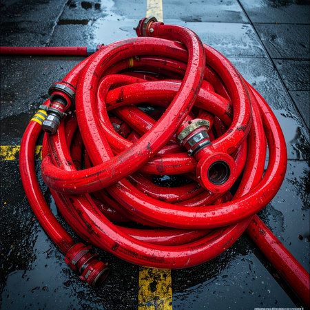 A bright red fire hose lies coiled on a wet, dark surface, its metal couplings gleaming.の素材