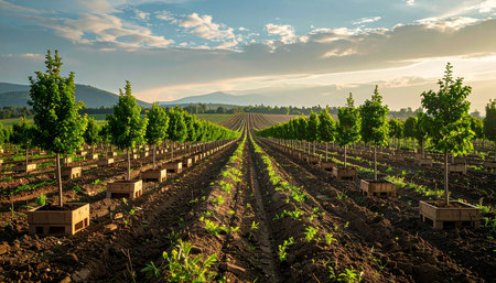 As the sun rises, golden light illuminates endless rows of young saplings in a tree nursery.の素材