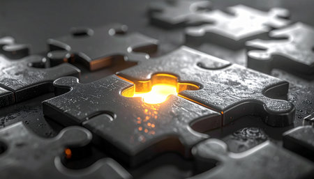 In a complex metallic landscape, the final, crucial piece glows with intense energy, ready to be slotted into place.の素材