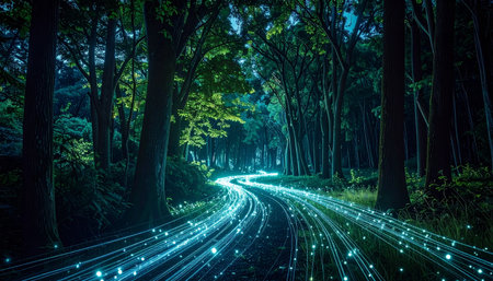 A winding road through a mystical woodland glows with ethereal blue light, resembling a digital highway of data streams.の素材