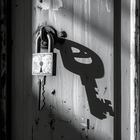A weathered padlock secures a rusty metal door, its purpose clear and resolute.の素材