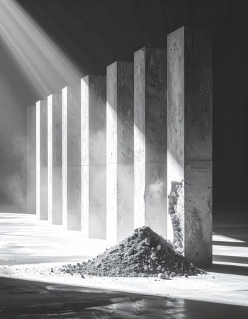 In a vast, silent space, dramatic rays of light pierce the darkness, illuminating a row of imposing concrete monoliths.の素材