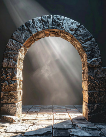 Sunbeams pierce the darkness, illuminating a path through an ancient stone archway.の素材