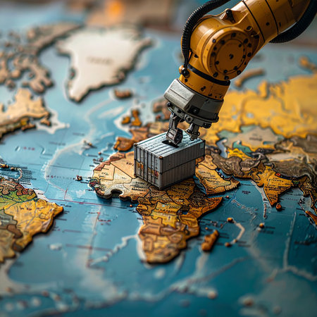 A robotic arm precisely places a shipping container on Africa, symbolizing the future of automated global logistics.の素材