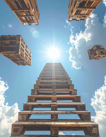 An unconventional stairway built from wooden pallets rises towards the bright sun, symbolizing a creative and determined journey towards success.の素材