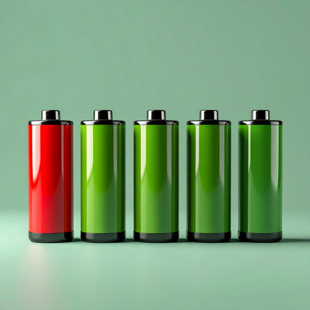 In a row of fully charged green batteries, one red battery stands as a critical warning.の素材