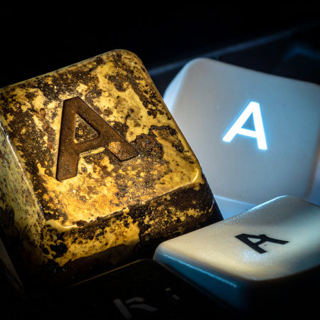 A weathered, rusty key from a bygone era rests beside its modern, glowing counterpart.の素材