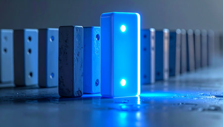 In a long line of ordinary dominoes, one piece glows with a vibrant blue light, symbolizing a technological breakthrough or a unique leader.の素材