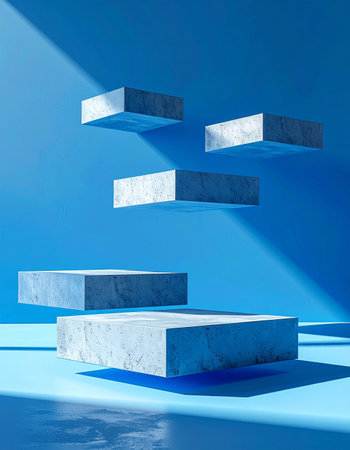 A minimalist 3D rendering of floating marble platforms arranged like ascending steps against a serene blue backdrop.の素材