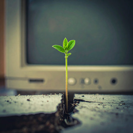 A tiny, determined green sprout breaks through a hard, cracked surface, symbolizing new life and hope.の素材
