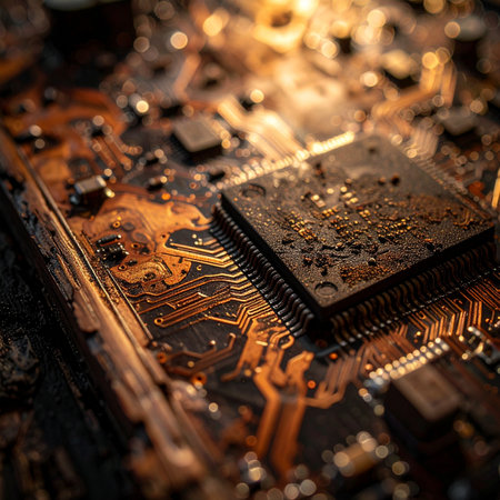 A warm, golden light illuminates the intricate pathways of a forgotten circuit board. Rust and corrosion creep across the surface, telling a story of technological decay and the ghosts of data past.の素材