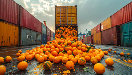 A catastrophic failure in the supply chain is visualized as a shipping container bursts open, spilling a river of fresh oranges onto the wet ground of a cargo port.の素材
