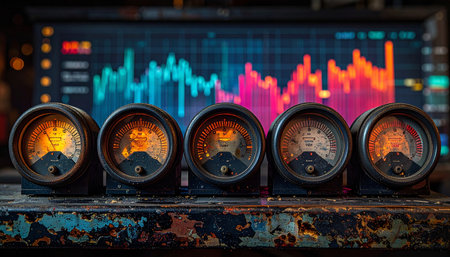 A row of vintage analog gauges actively measures performance, their warm, illuminated dials contrasting with the cool, vibrant glow of a complex digital financial chart in the background, symbolizing.の素材