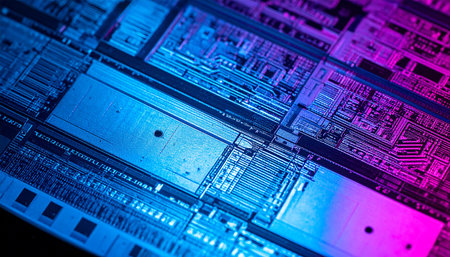 A macro photograph captures the intricate landscape of a silicon wafer, its complex circuits glowing under futuristic blue and magenta light.の素材