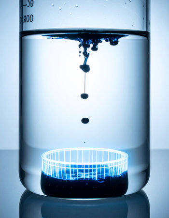A single drop of concentrated blue ink falls into a beaker of clear liquid, beginning a slow, mesmerizing process of diffusion.の素材