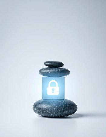 A conceptual image illustrating the harmony between natural stability and modern digital security.の素材