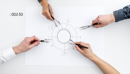 From an overhead perspective, a diverse team of engineers and architects collaborates with precision, using drafting tools to finalize a critical diagram on a blueprint.の素材