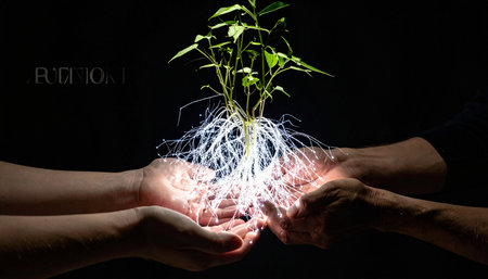 Multiple hands come together in the darkness, gently cradling a young plant whose roots glow with a powerful, life-giving energy.の素材