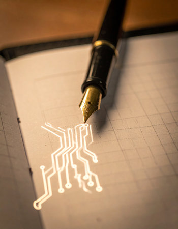 A classic fountain pen touches paper, but instead of ink, a glowing digital circuit flows from its nib.の素材
