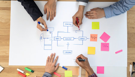 From an overhead perspective, a diverse team of professionals gathers around a large diagram, their hands actively drawing connections and adding ideas with colorful markers and sticky notes.の素材