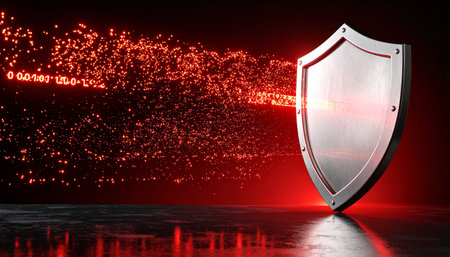 A powerful metallic shield stands as a bastion of defense against a relentless stream of malicious red digital code.の素材
