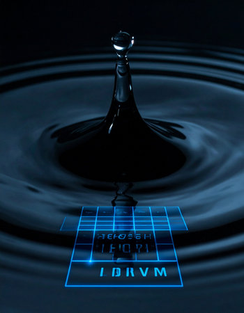 A single drop of water makes an impact, sending ripples across the surface. Below, a glowing holographic interface processes information, symbolizing the fusion of nature and technology.の素材