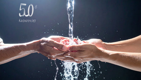 A stream of pure, clear water pours into two pairs of cupped hands, symbolizing cooperation, sharing a vital resource, and the essence of life itself.の素材