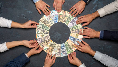 From a top-down perspective, a diverse group of business professionals unites, their hands forming a circle around a wheel of international currencies.の素材
