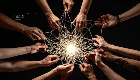 From the darkness, a diverse group of hands comes together, weaving a complex web of connection.の素材