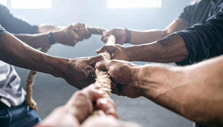 A close-up view captures the raw power and determination of a team engaged in a tense game of tug of war.の素材