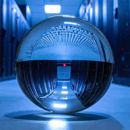 A crystal ball sits in the cool, blue-lit corridor of a modern data center, reflecting the endless rows of servers.の素材