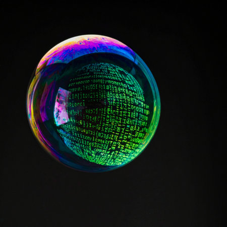 A fragile, iridescent soap bubble floats in the darkness, its delicate surface reflecting a complex green digital matrix.の素材