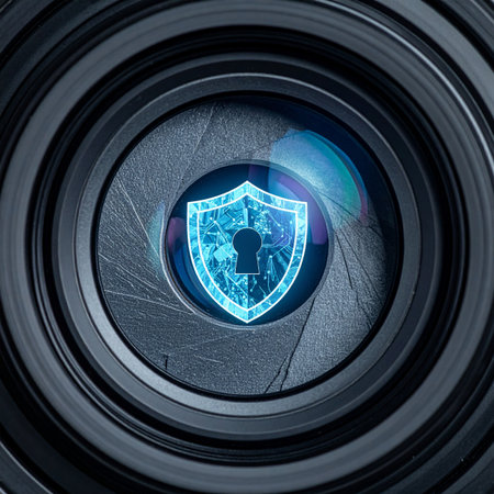 A glowing blue security shield with a keyhole is projected within the aperture of a camera lens, symbolizing the intersection of surveillance and digital protection.の素材