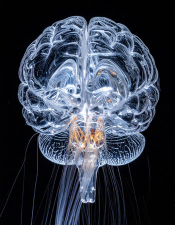 A luminous, transparent brain pulsates with light, showcasing the intricate web of its neural network.の素材