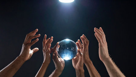 A diverse group of hands comes together, reaching in unison for a glowing crystal orb that represents a shared vision.の素材